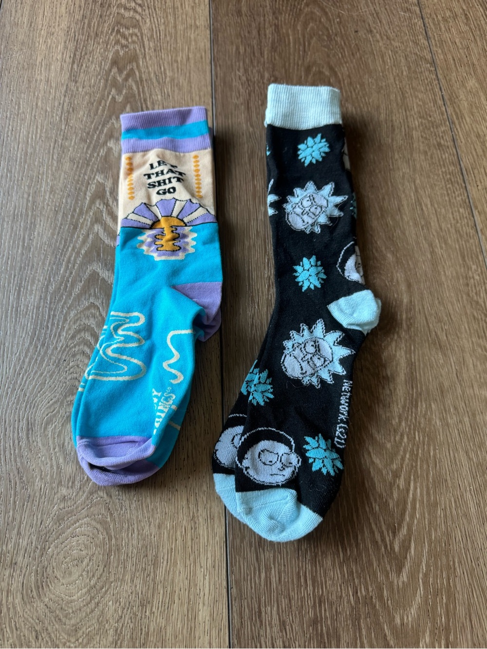 Novelty Men's Crew Socks - Turquoise & Black - Rick & Morty & Funny Print